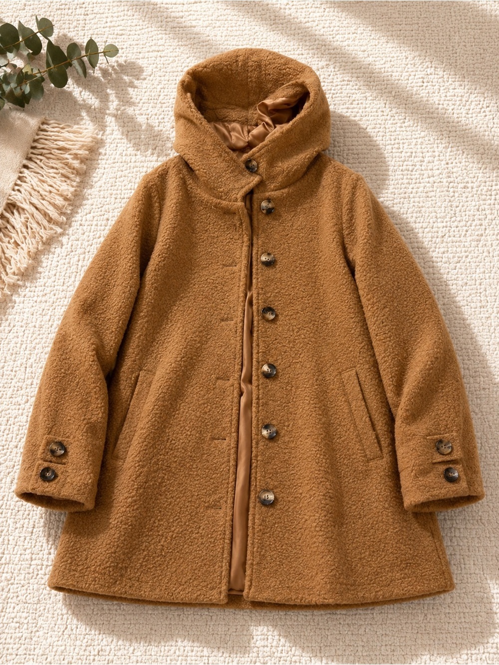 Women's Camel Faux Shearling Hooded Pea Coat